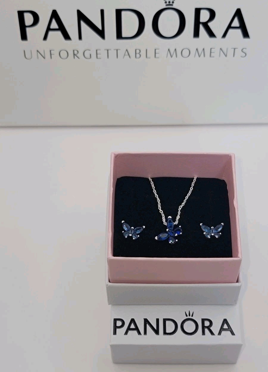Authenti PANDORA 925 Sparkling Blue Butterfly Earrings Necklace Gift Set Z6