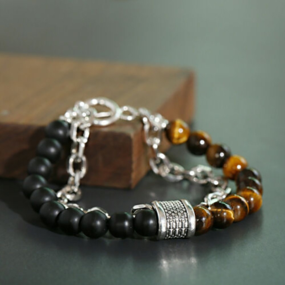 Mens Tiger Eye Beaded Bracelet Stainless Steel Natural Stone Unisex Jewelry Gift