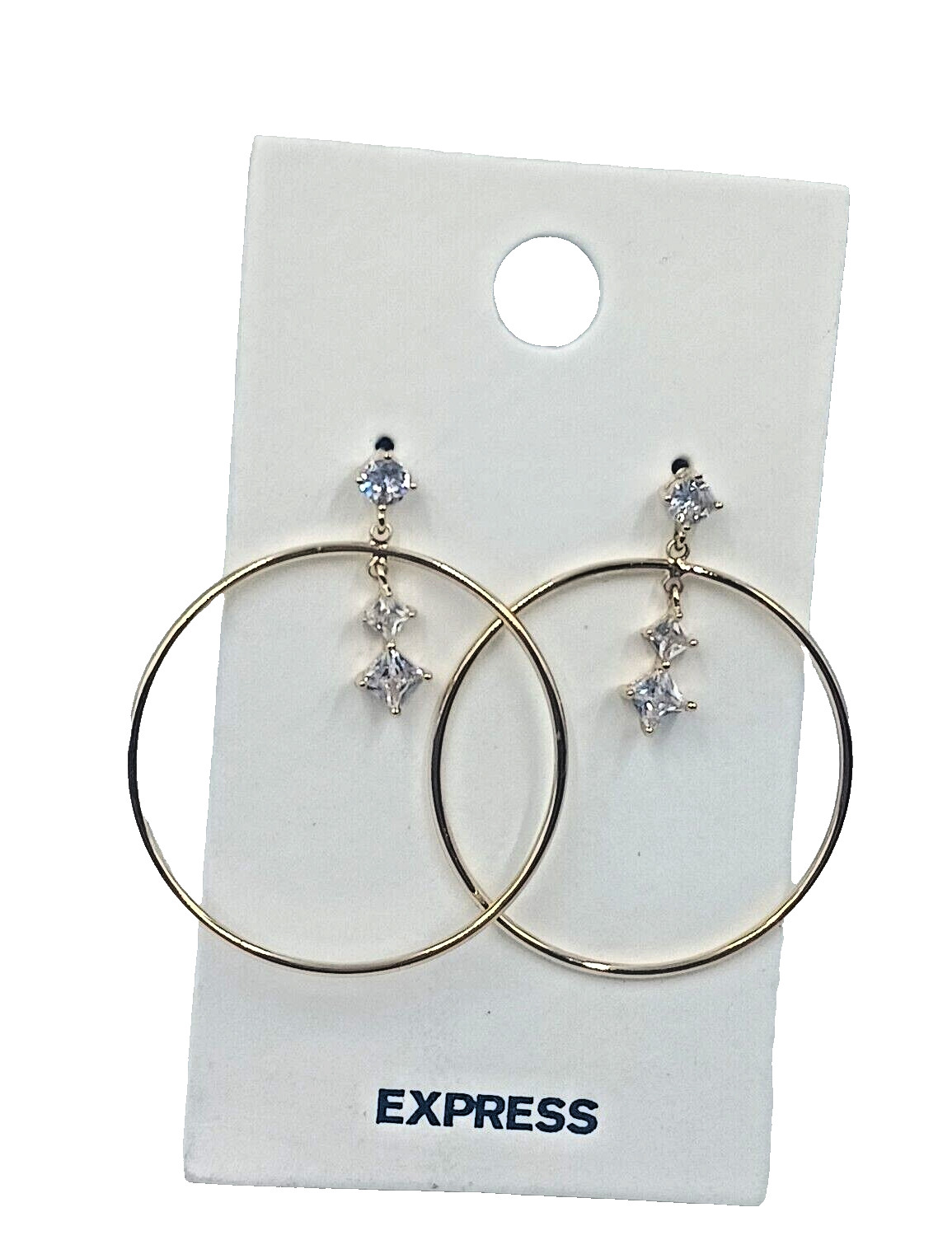 Express 1 1/2″ Crystal Dangle Hoop Push Back Pierced Earrings Gold Tone Shiny