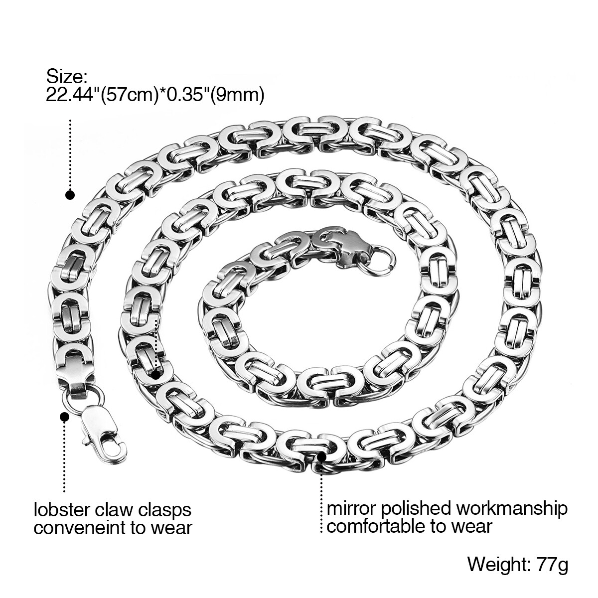 9mm Mens Byzantine Box Link Chain Necklace Stainless Steel High Polished 22”