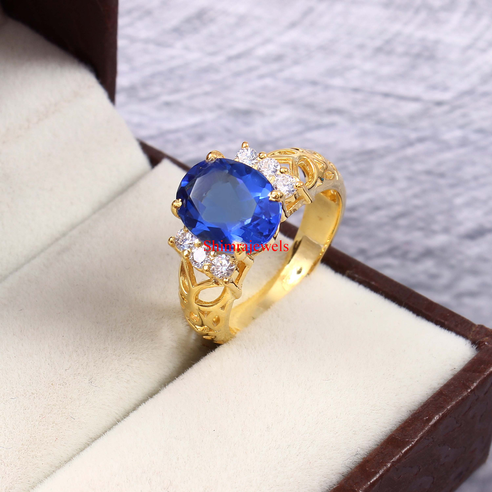 Lab Grown Sapphire Gemstone With 18k Gold Plated Silver Women Ring #26