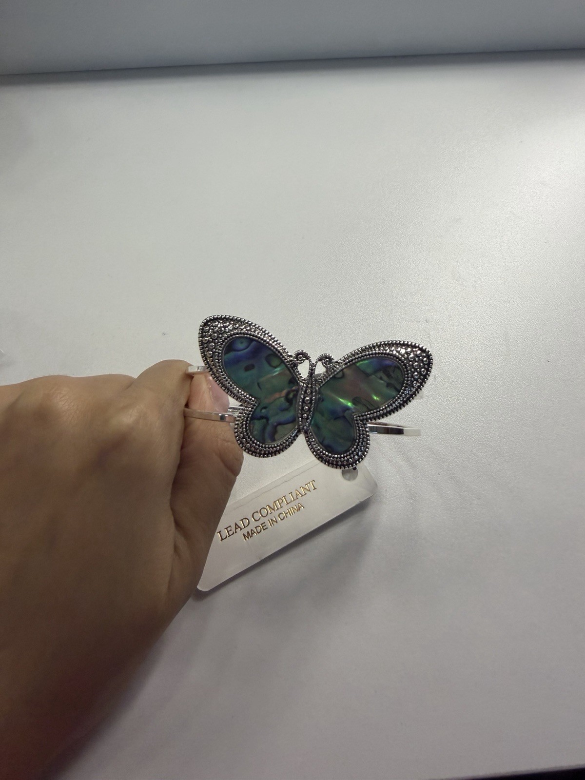 Silver Tone Butterfly Cuff Bracelet Green Blue Inlay Nickel-Free Metal
