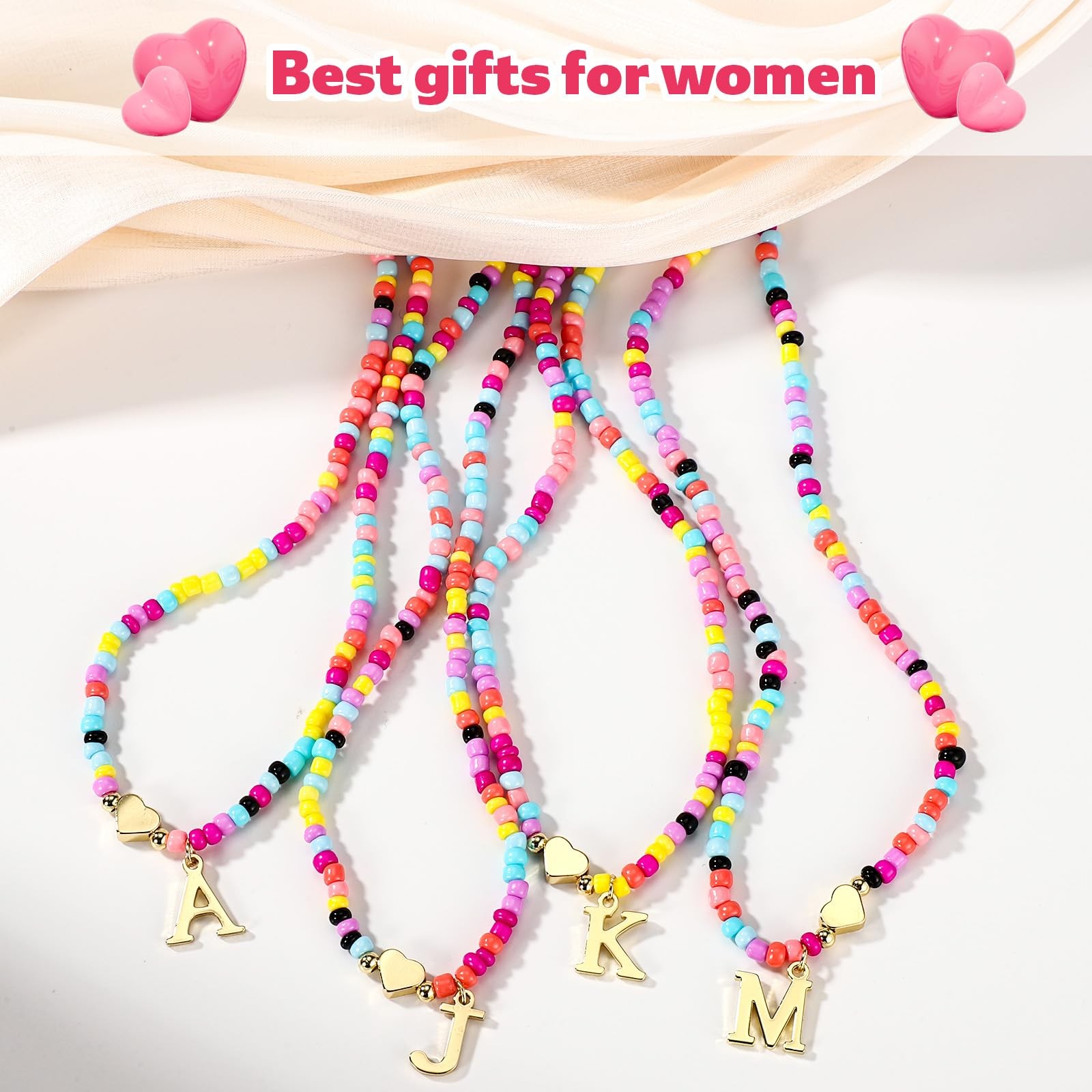 Mikovivi Colorful Beaded Initial Necklace, Boho Style, Adjustable Length,