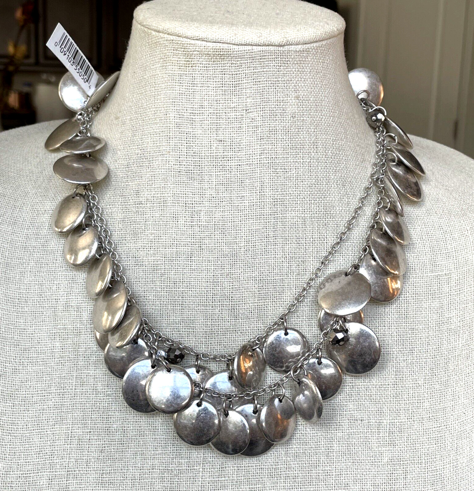 Joan Rivers 34″ Metal Disc and Glass Bead Chain Necklace – Silver Color – NWT