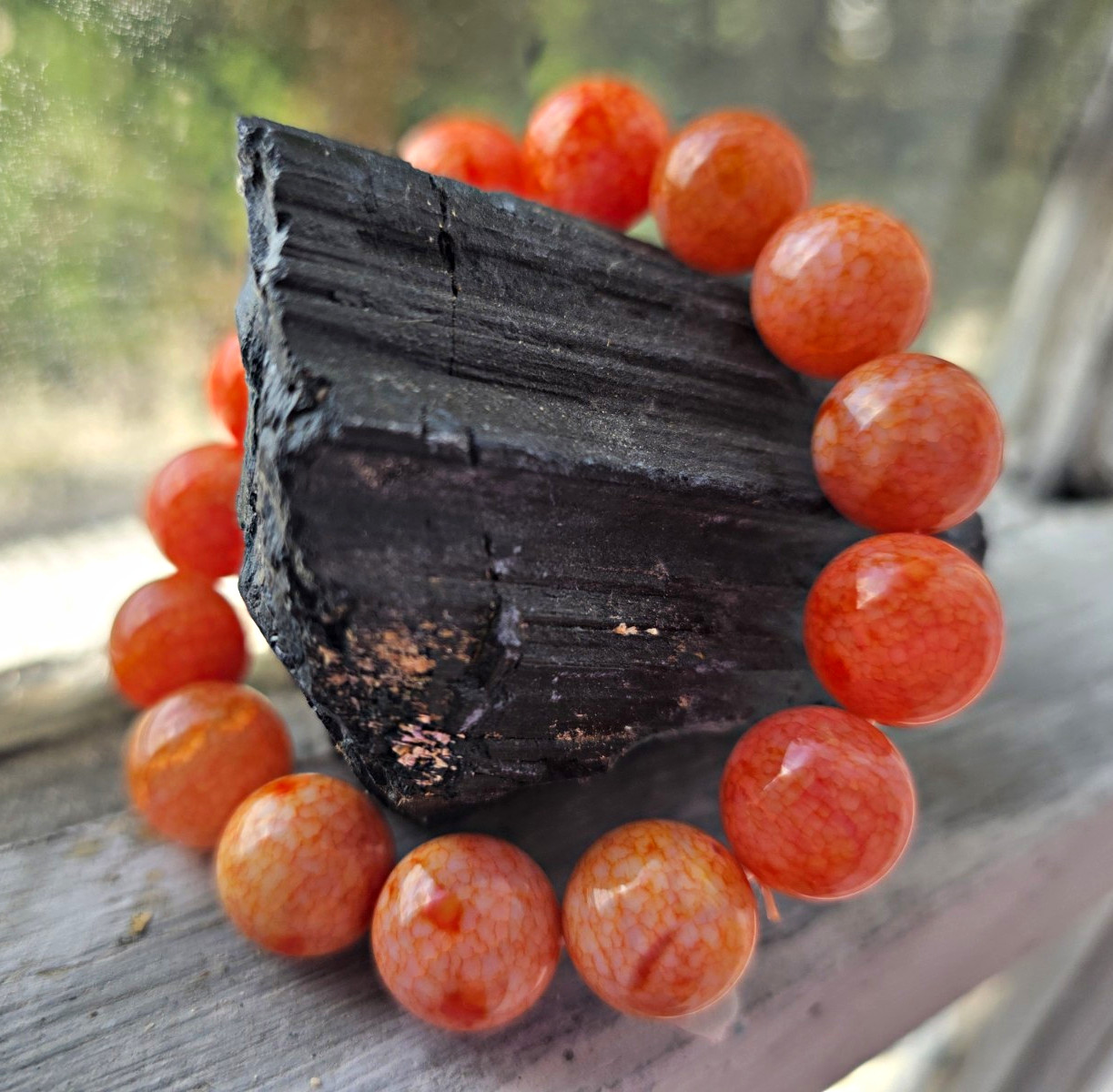 Orange Stone Beaded Stretch Bracelet, 12 mm Round Beads, Slip-On