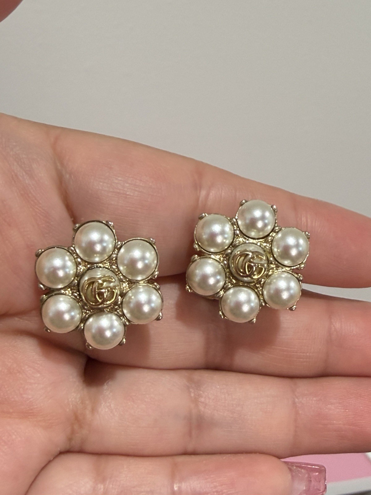 Authentic Gucci Double GG Faux Pearl Flower Earrings.