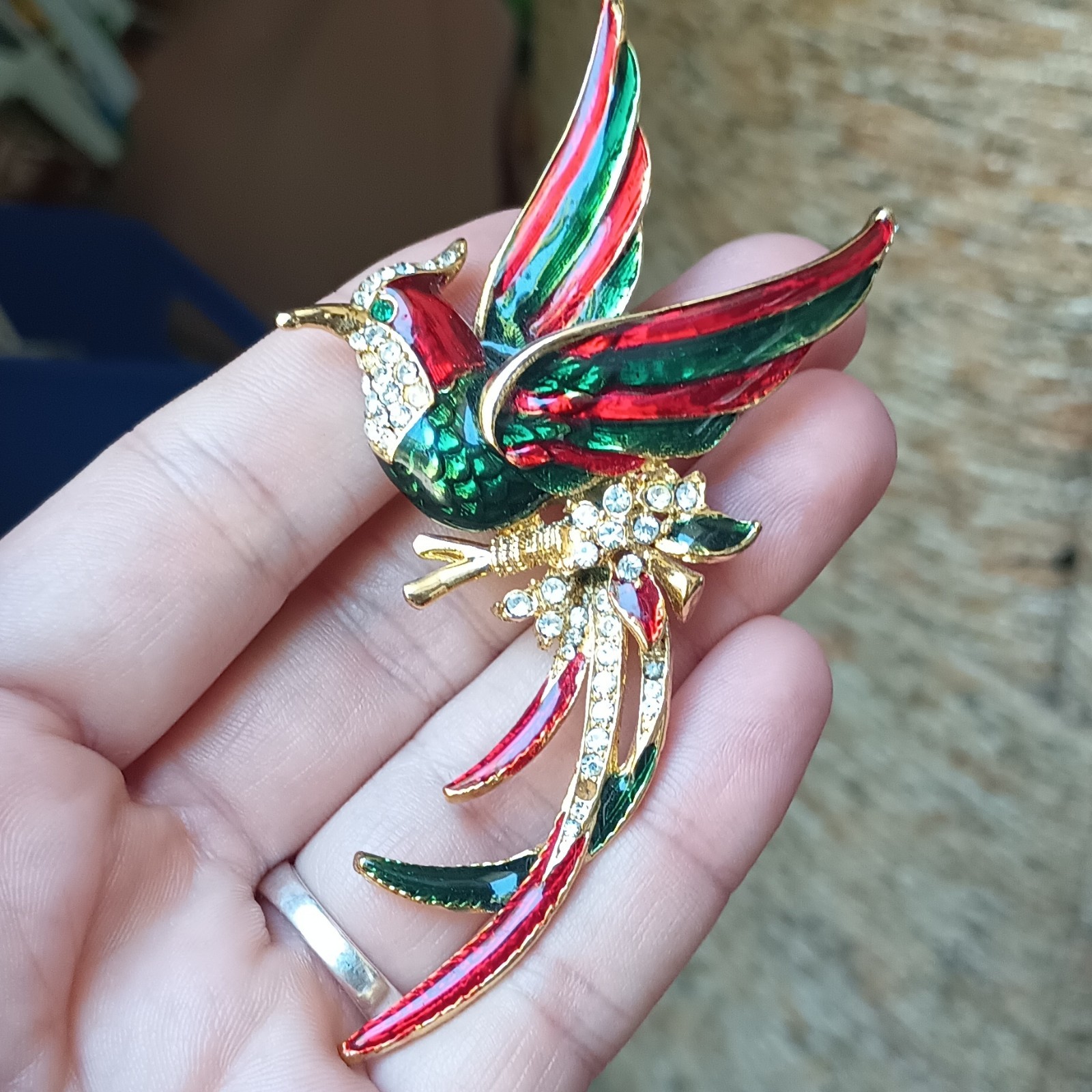 Vintage Gold Tone Bird Brooch Pin Red Green Enamel Clear Rhinestone Cluster