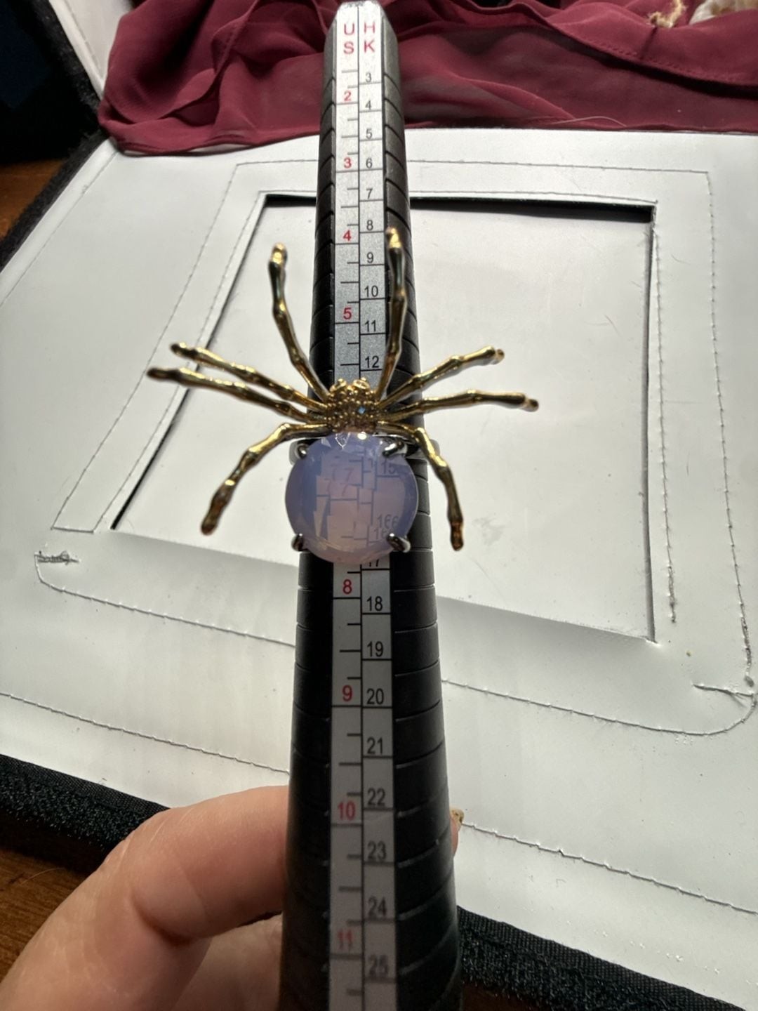 Gold Tone Spider Statement Ring with Opaline Cabochon Stone