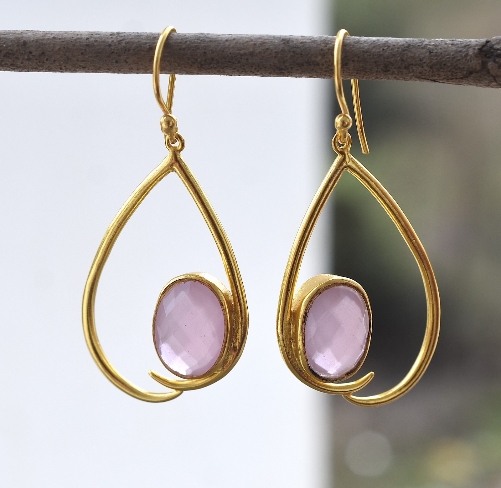 Rose Quartz Gold Plated Earring Handmade Romantic Jewelry Birthday Gifts For Her
