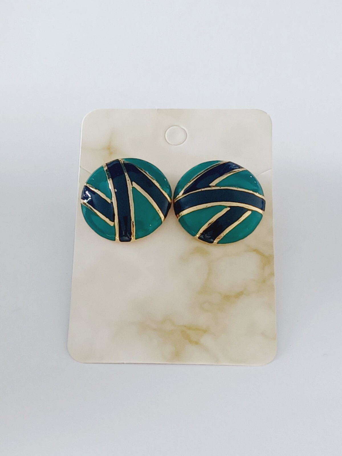 Geometric Green Black Gold Tone Enamel Dome Stud Earrings
