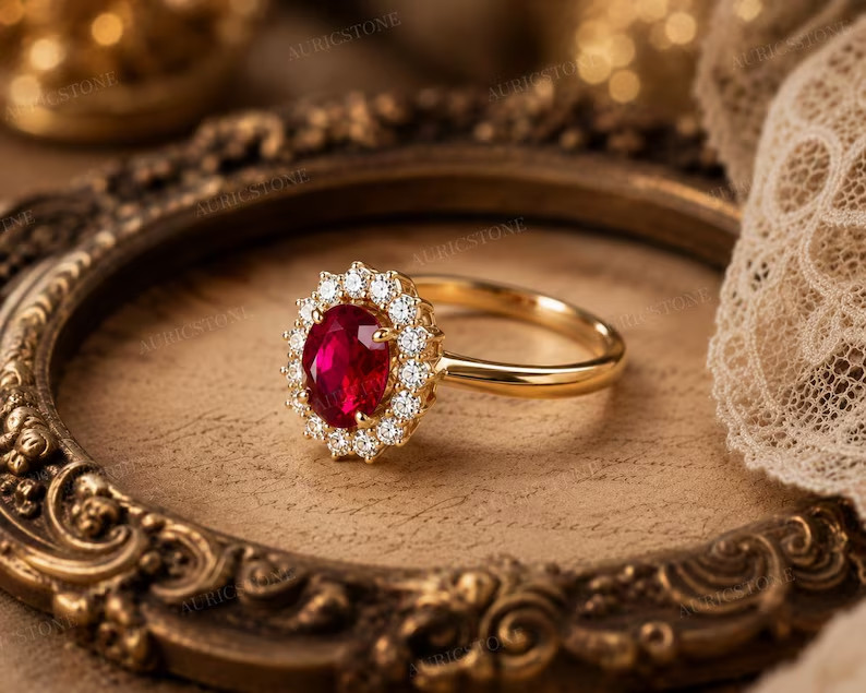 Lab Created Red Ruby Ring, Base Metal: Brass Finish: Gold Plated