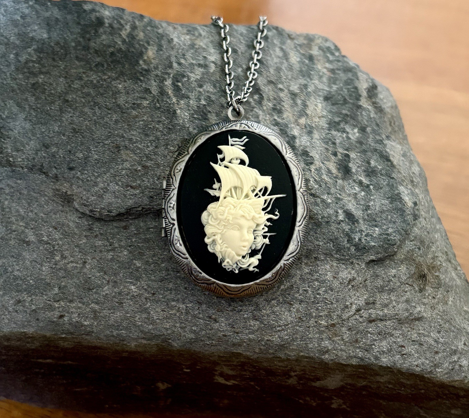 Mermaid Lady & Pirate Ship Cameo LOCKET NECKLACE, Vintage Pillbox Stash Pendant