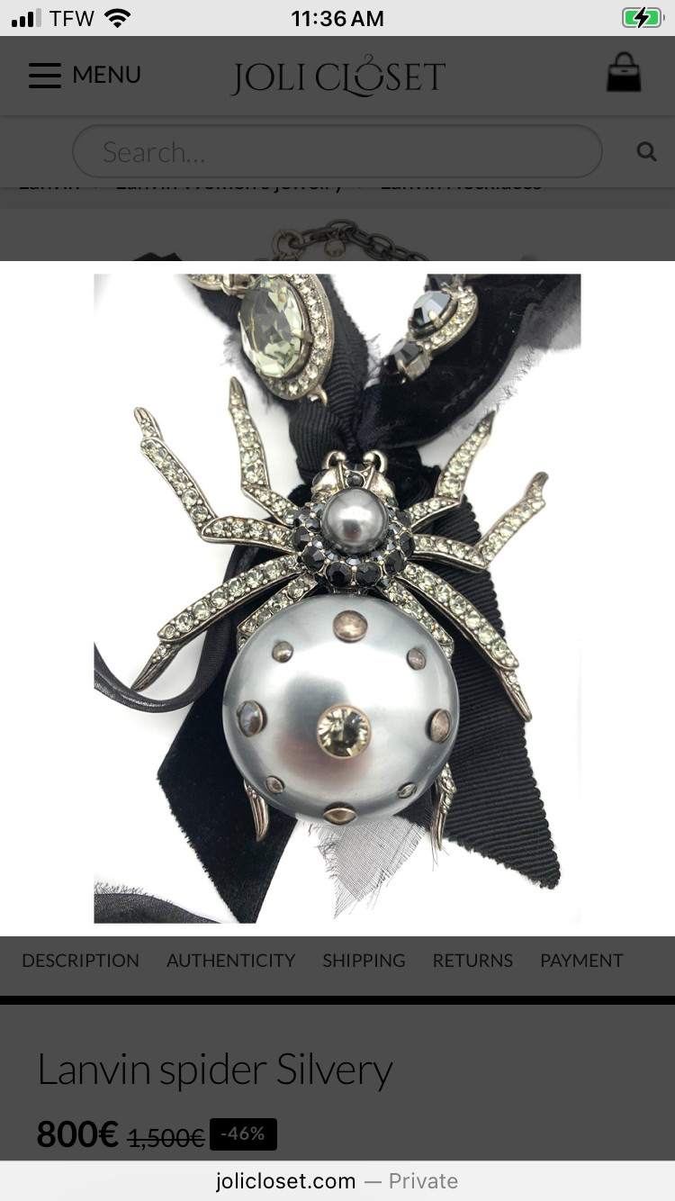 Lanvin Central Spider with Gray, Black, Clear Stones Ribbon and Tulle Necklace