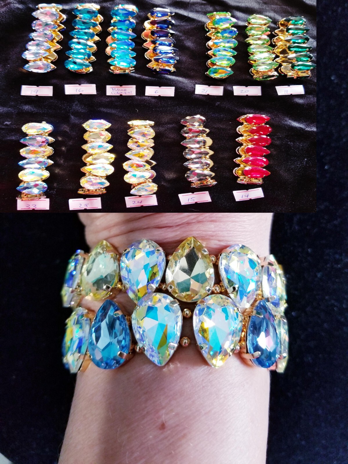 Rhinestone Crystal Stretch Bracelet Many Colors, Prom Stage Wedding or Pageant