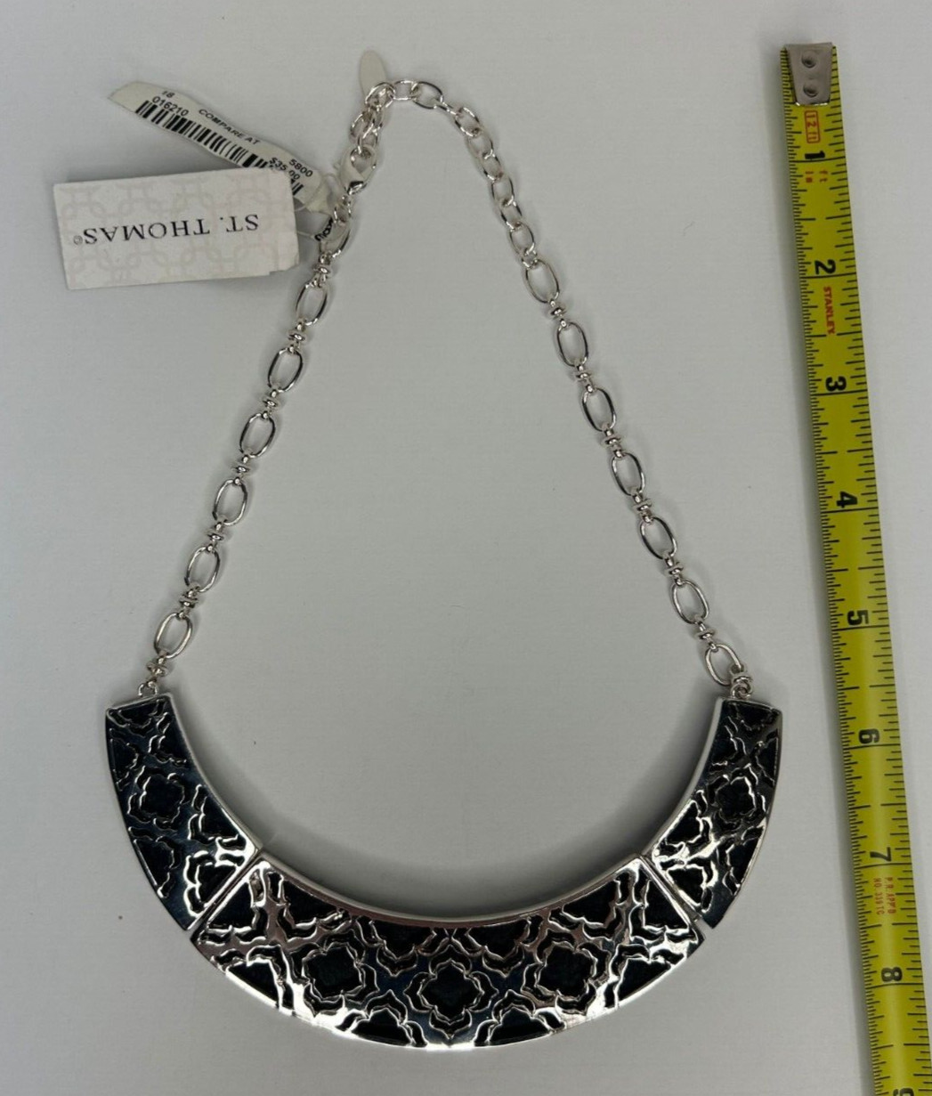 St Thomas Collar Bib Necklace 16in Blue Leather Backed Silver Tone Cut Out NWT