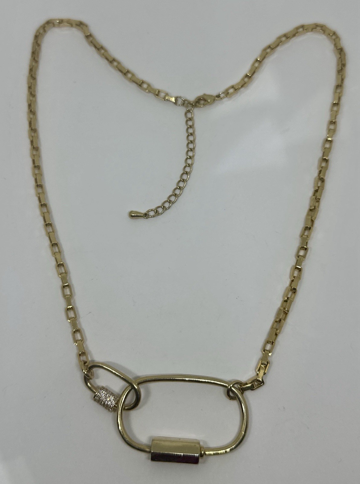 Gold Tone Double Carabiner Rhinestone Lock Pendant 18″- 20″ Necklace Box Chain
