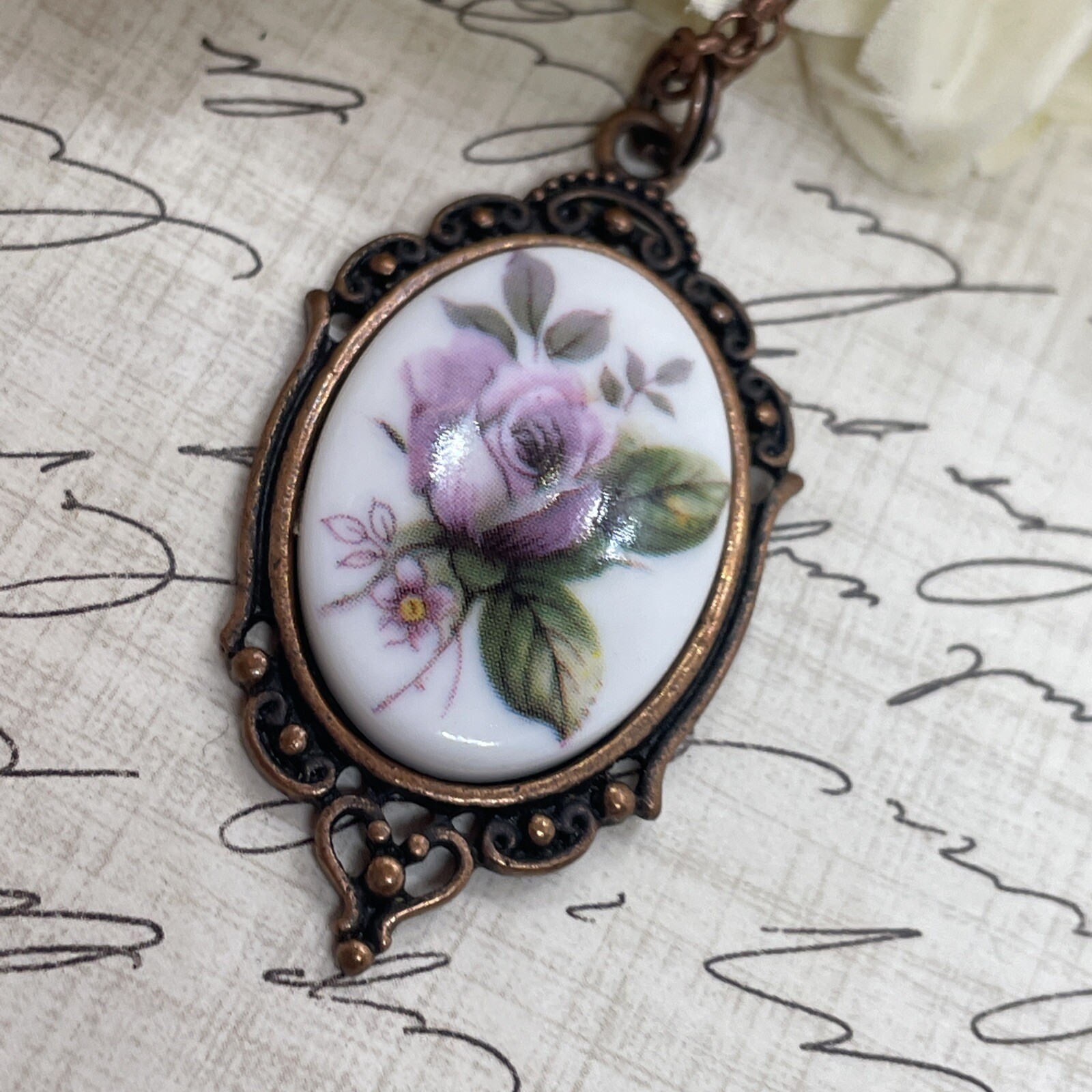 Mauve Rose Copper Heart Frame Necklace Pendant Mom Daughter Gift Wife Lilac