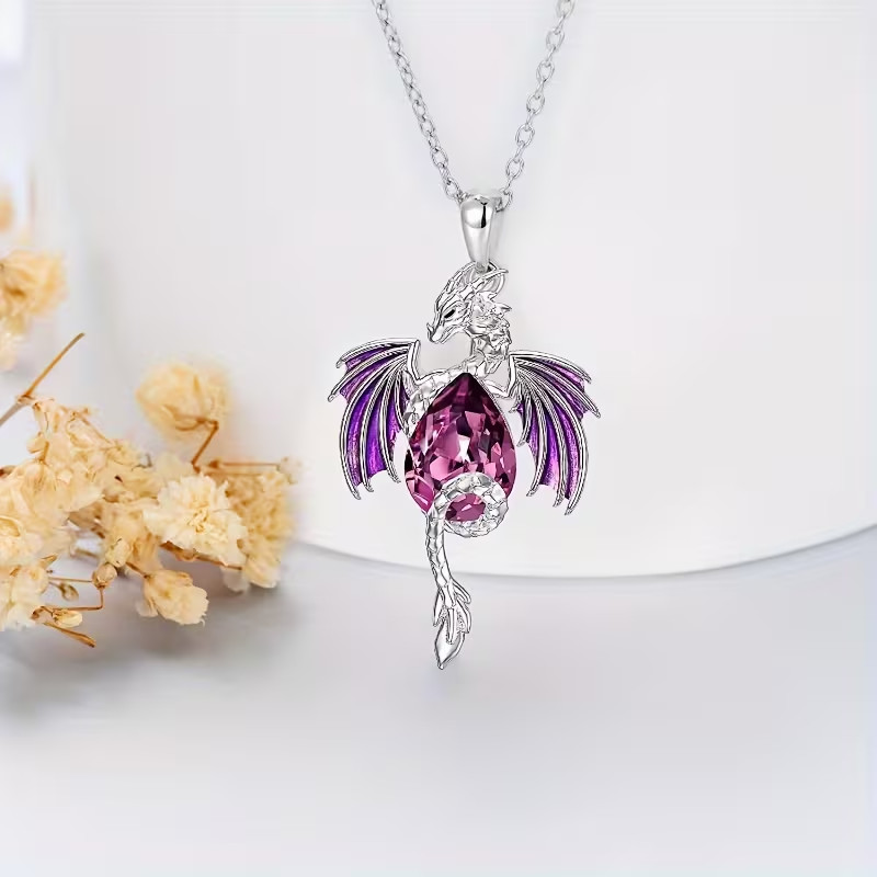 Elegant Dragon silver necklace purple stone with gift box