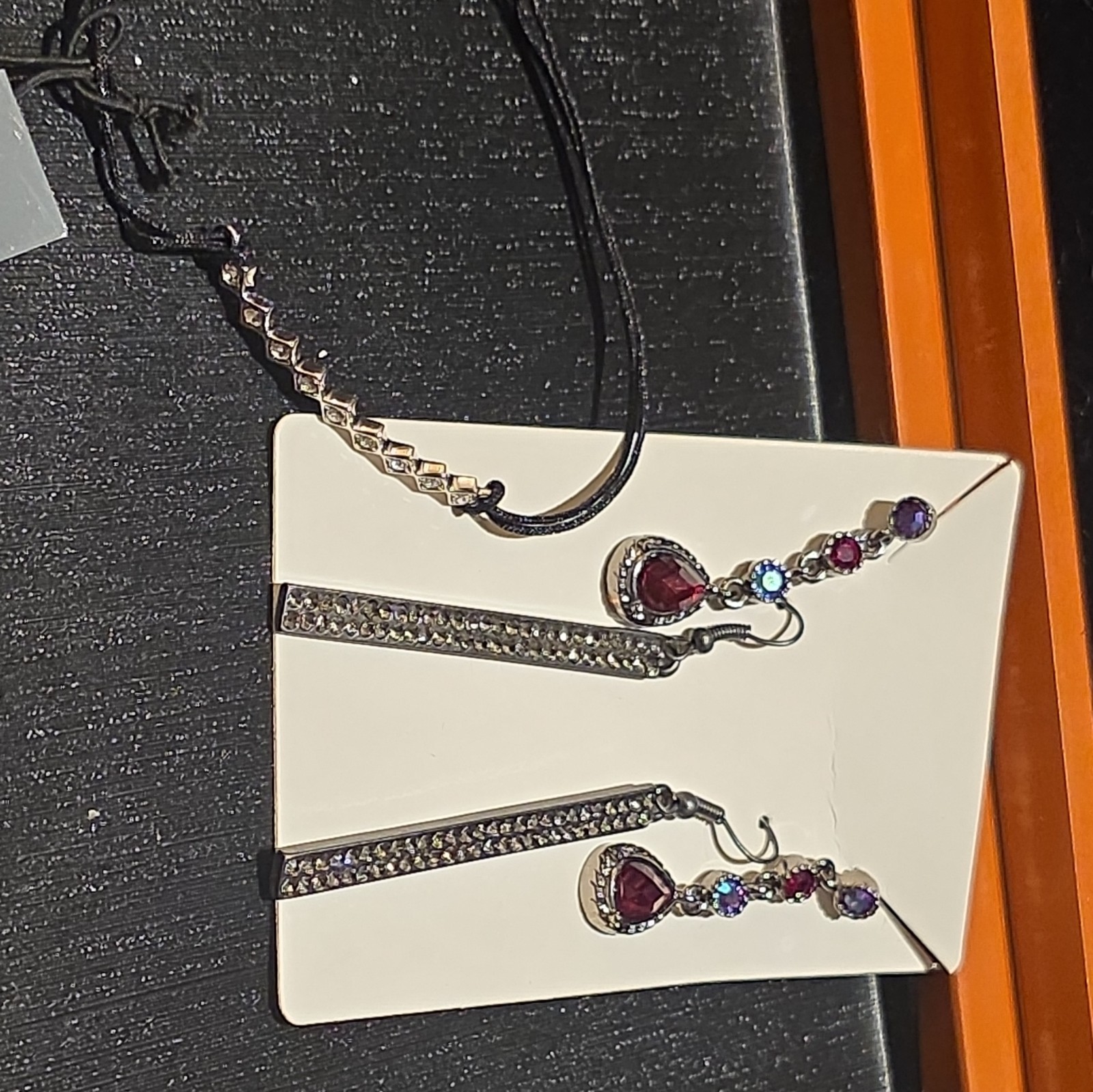 Silver Tone Rhinestone Hook Dangle Earrings Red Teardrop Simulated Stone