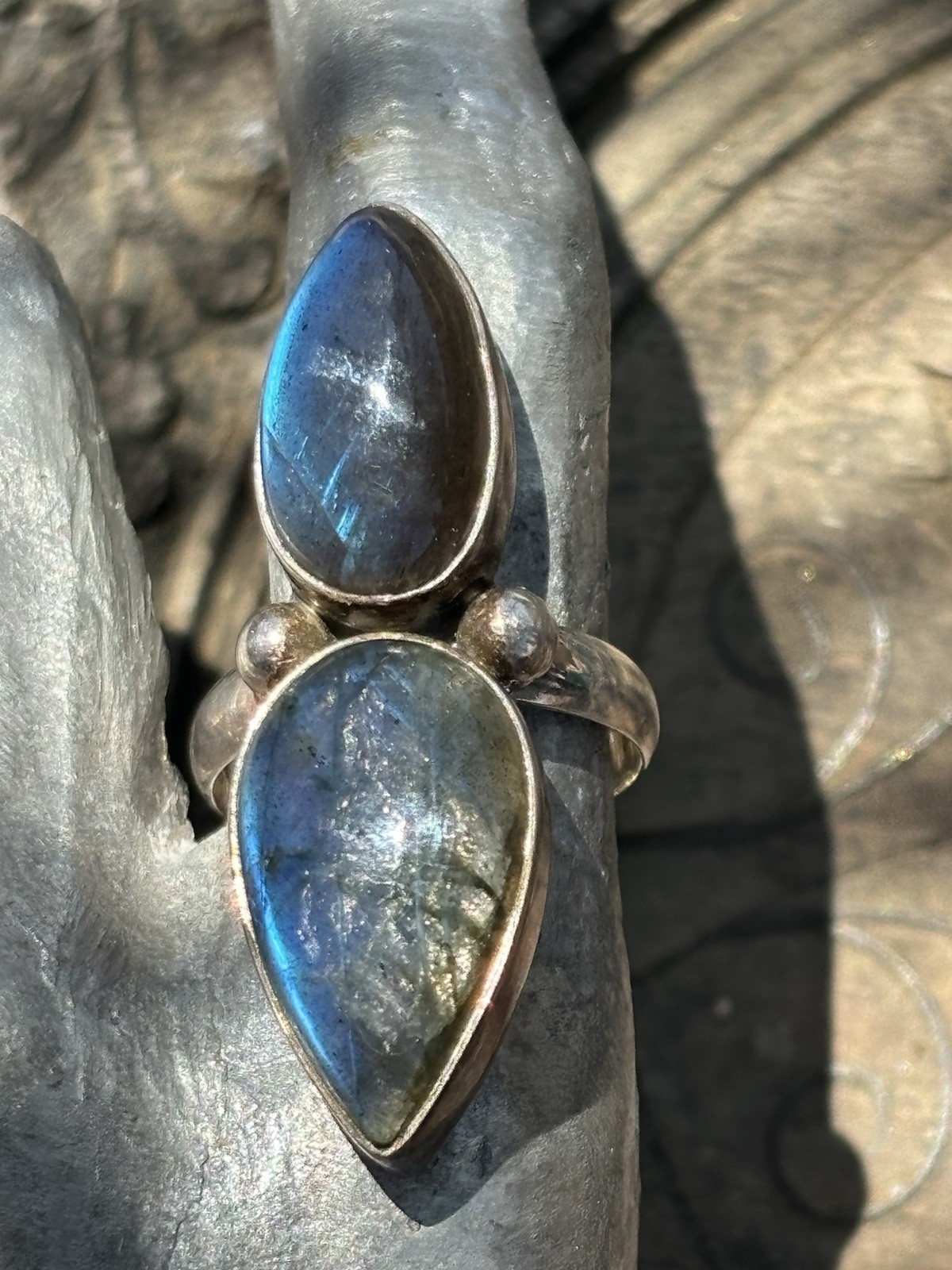 Double pear shaped labradorite gemstone silver ring size 7