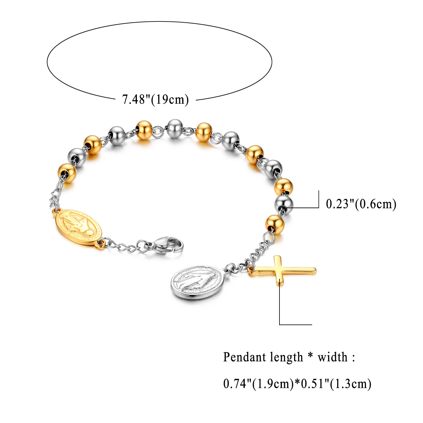 Women Men Unisex Stainless Steel Virgin Mary Cross Pendant Beaded Chain Bracelet