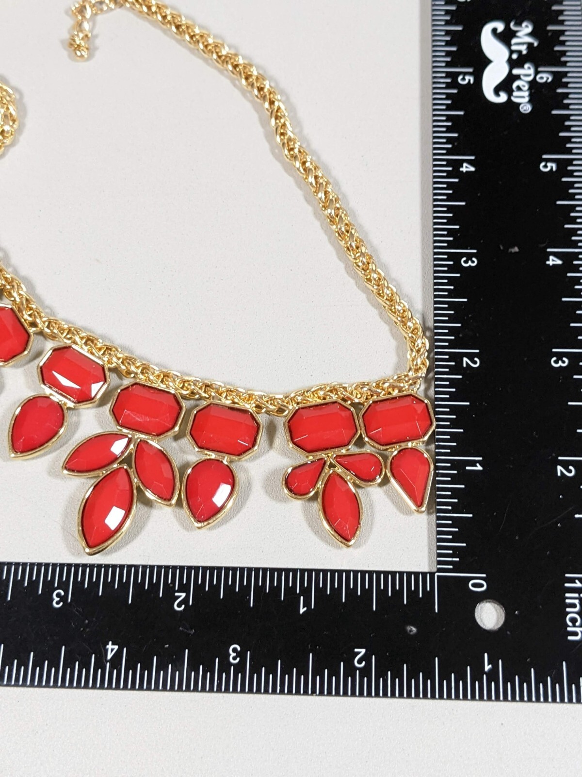 Charming Charlie Gold Tone Red Acrylic Statement Necklace 18.5 in