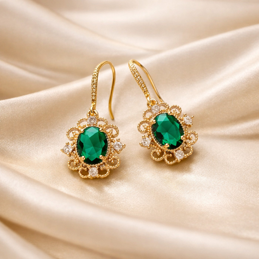 Regency Gold Plated Emerald Green Drop Earrings Vintage Bridal Jewelry Elegant
