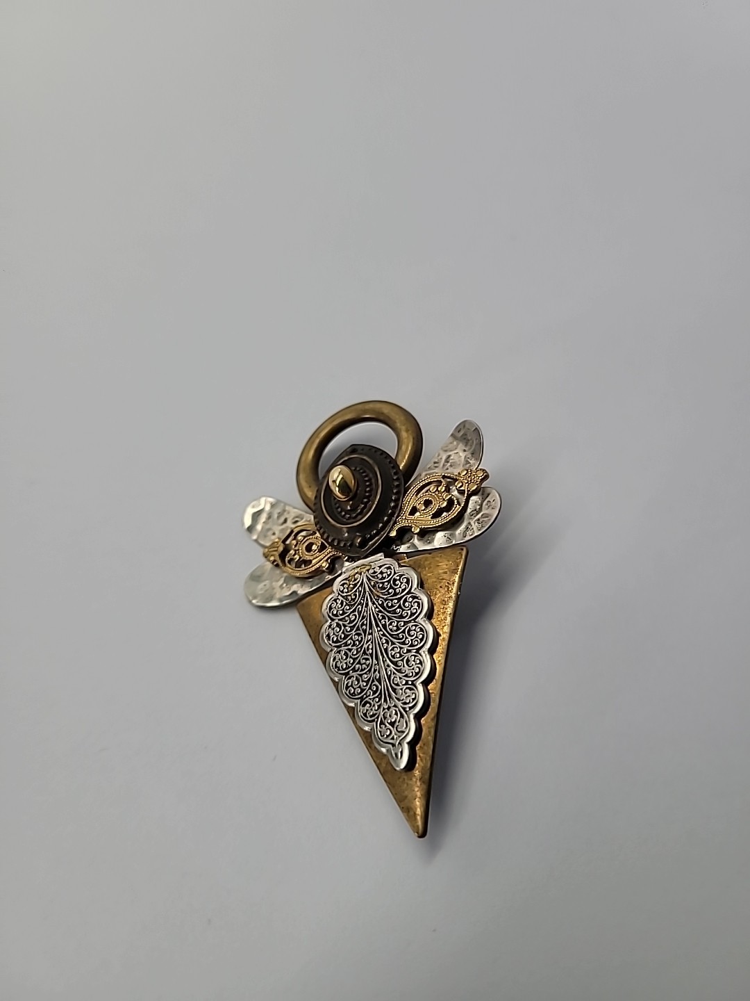 Vintage Treska Angel Brooch Pin Mixed Metal Halo Geometric Religious Signed