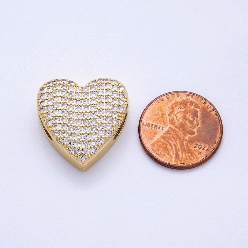16K Gold Filled 21mm Puffy Heart Slide Bead Micro Pave CZ Sparkling Romantic Cha