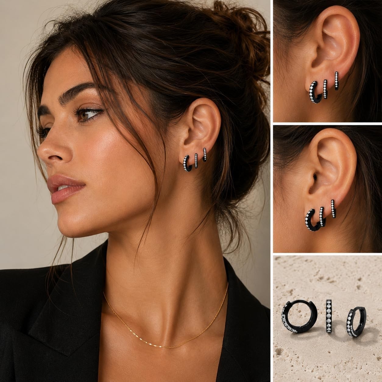 Elegant 3 Pairs Small Black Hoop Earrings with Cubic Zirconia – 8mm, 10mm, 12mm