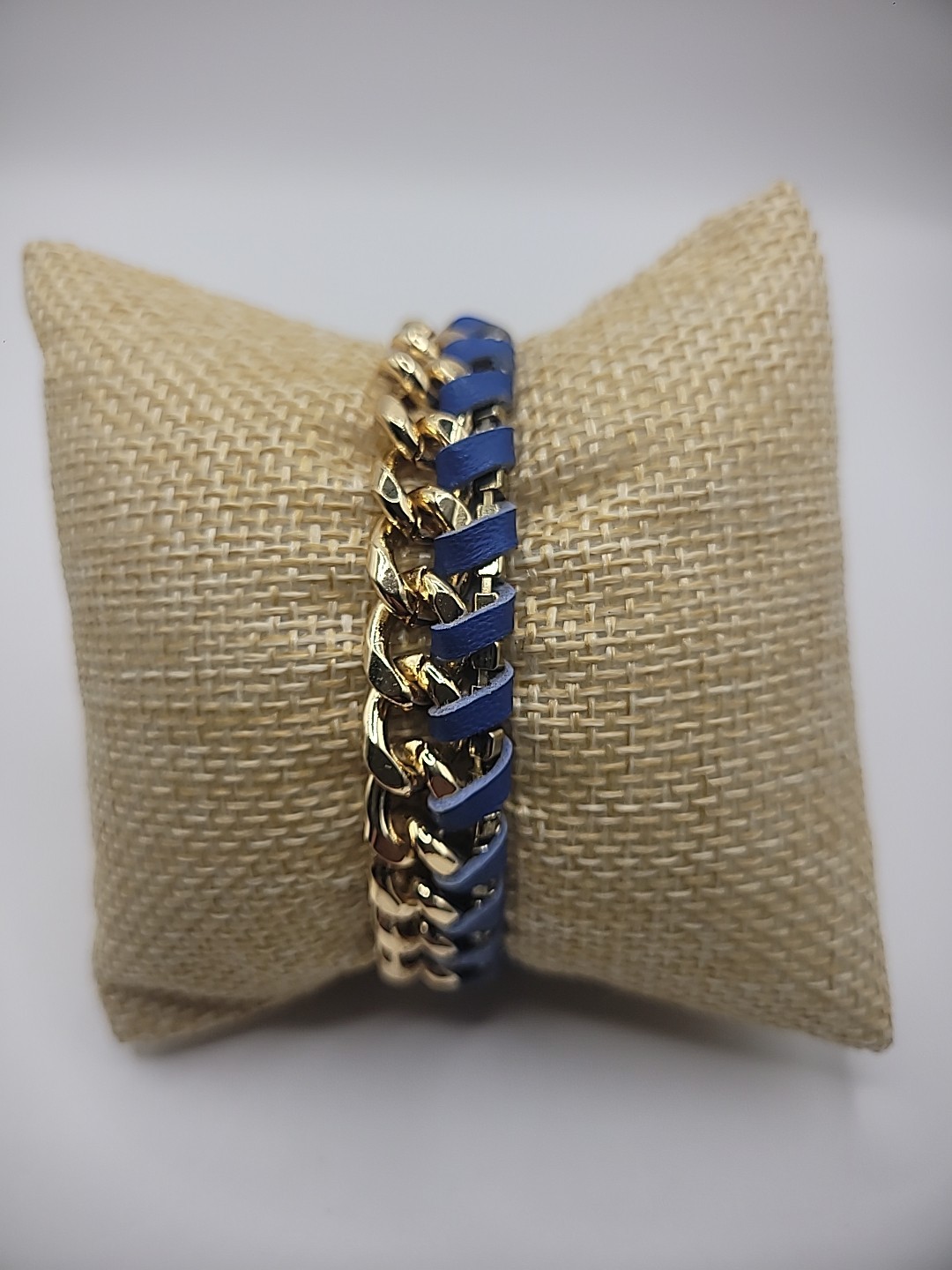 Vintage Ettika Bracelet Gold Tone Chain Leather Braided Blue Purple Jewelry