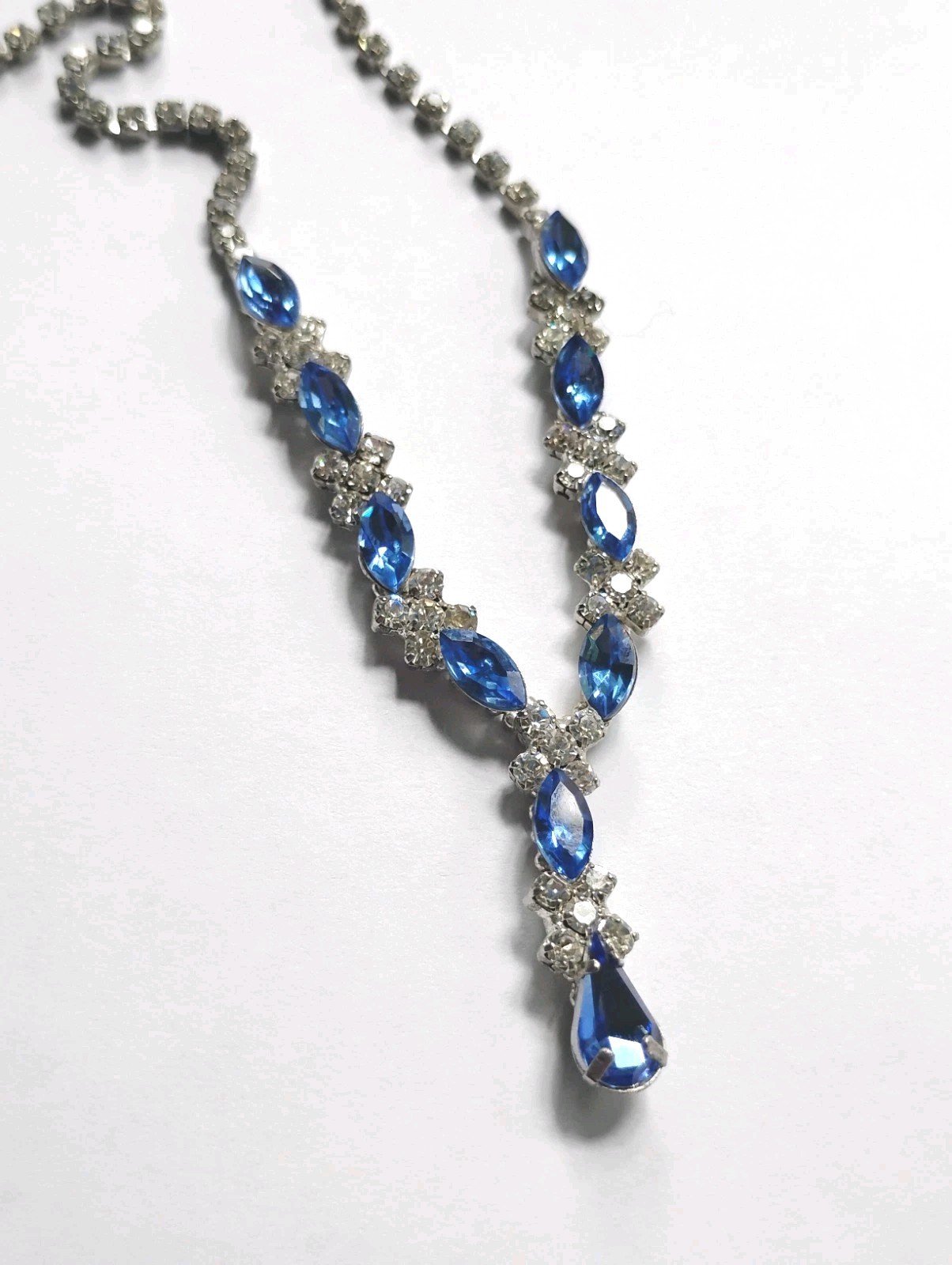 Silver Tone Blue and Clear Rhinestone Necklace