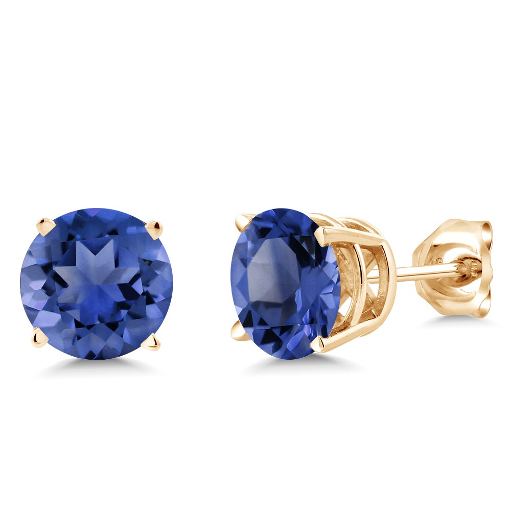 18K Yellow Gold Plated Silver 2.00 Ct 6MM Simulated Sapphire Stud Earrings For