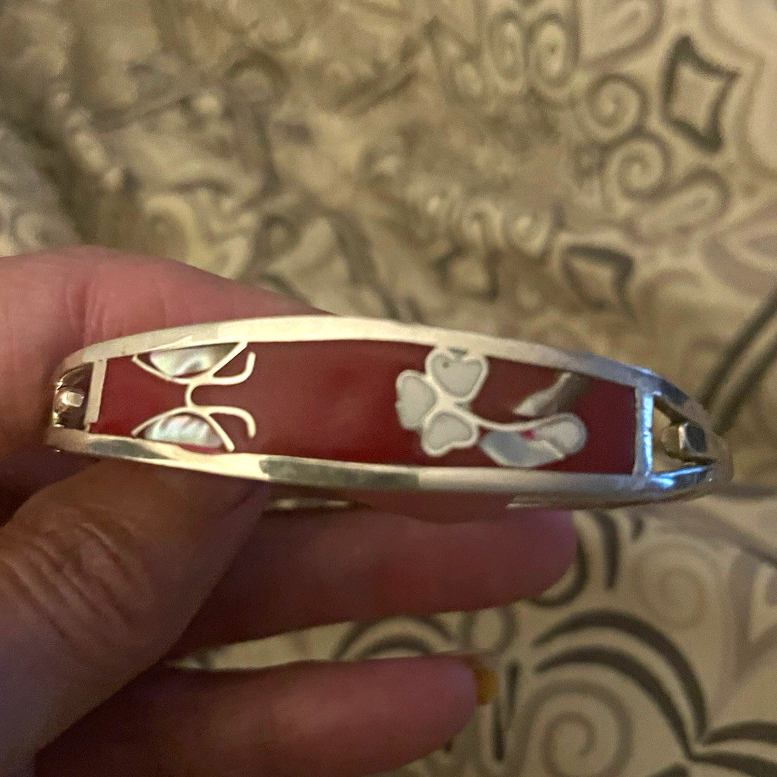 Silver Tone Red Enamel Bunny Inlay Cuff Bangle Bracelet No Clasp