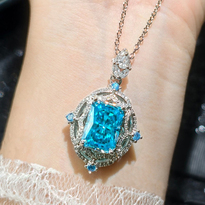 3pc Set Court Style Radiant Cut Ocean Blue Topaz Gems Charm Women Necklace Ring