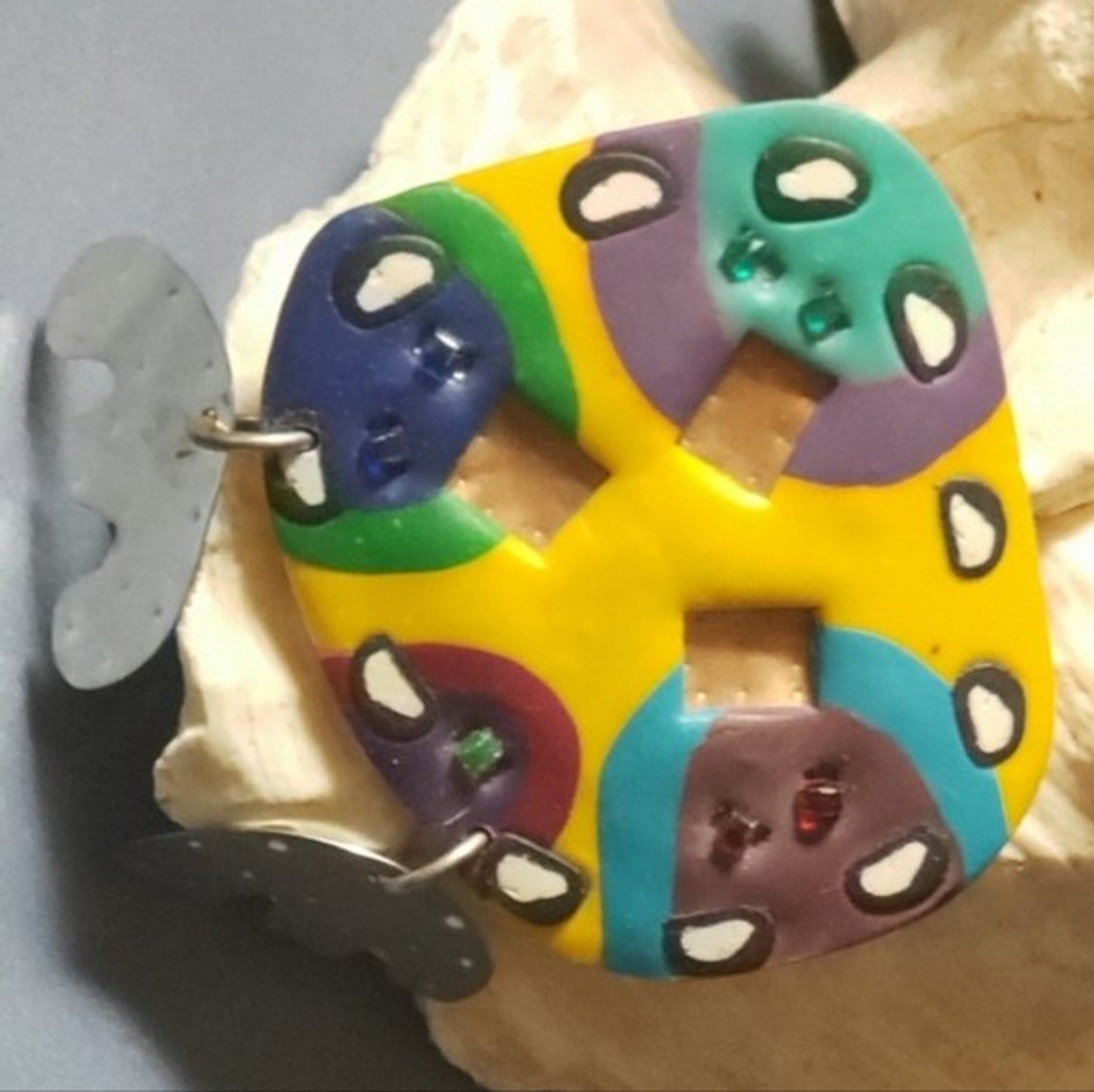 1990s Yellow blue and green decorated abstract irregular geometric shapes brooch