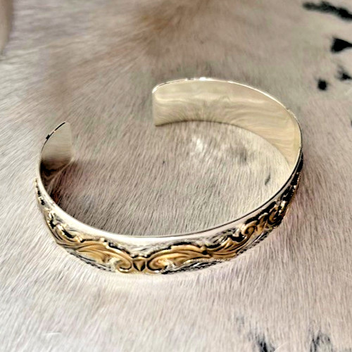 Western Womens Bracelet 6 3/8 x 1/2 in Band Silver Gold Cuff Cowboy Adjust