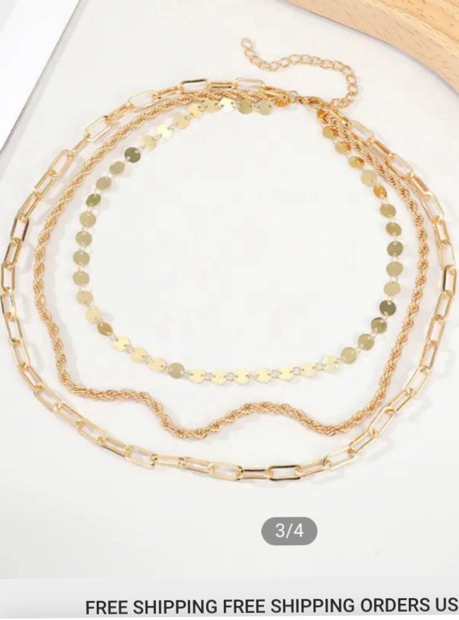 Women’s Gold-toned Adjustable Layered 3 Chains Paper Clip, Coin, Snake. Free S/H
