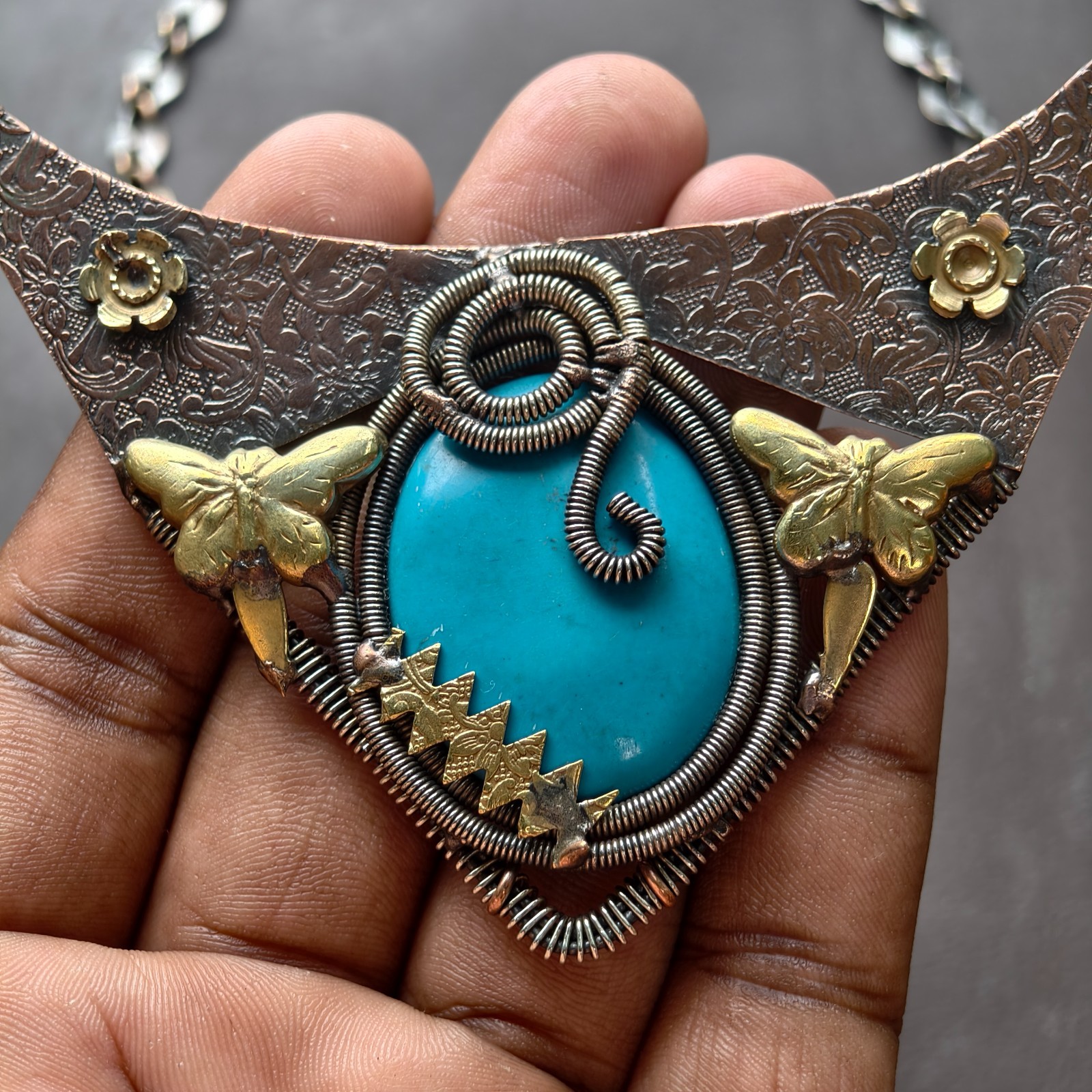 Handmade Turquoise Statement Necklace, Dragonfly Brass Collar Necklace Jewellery