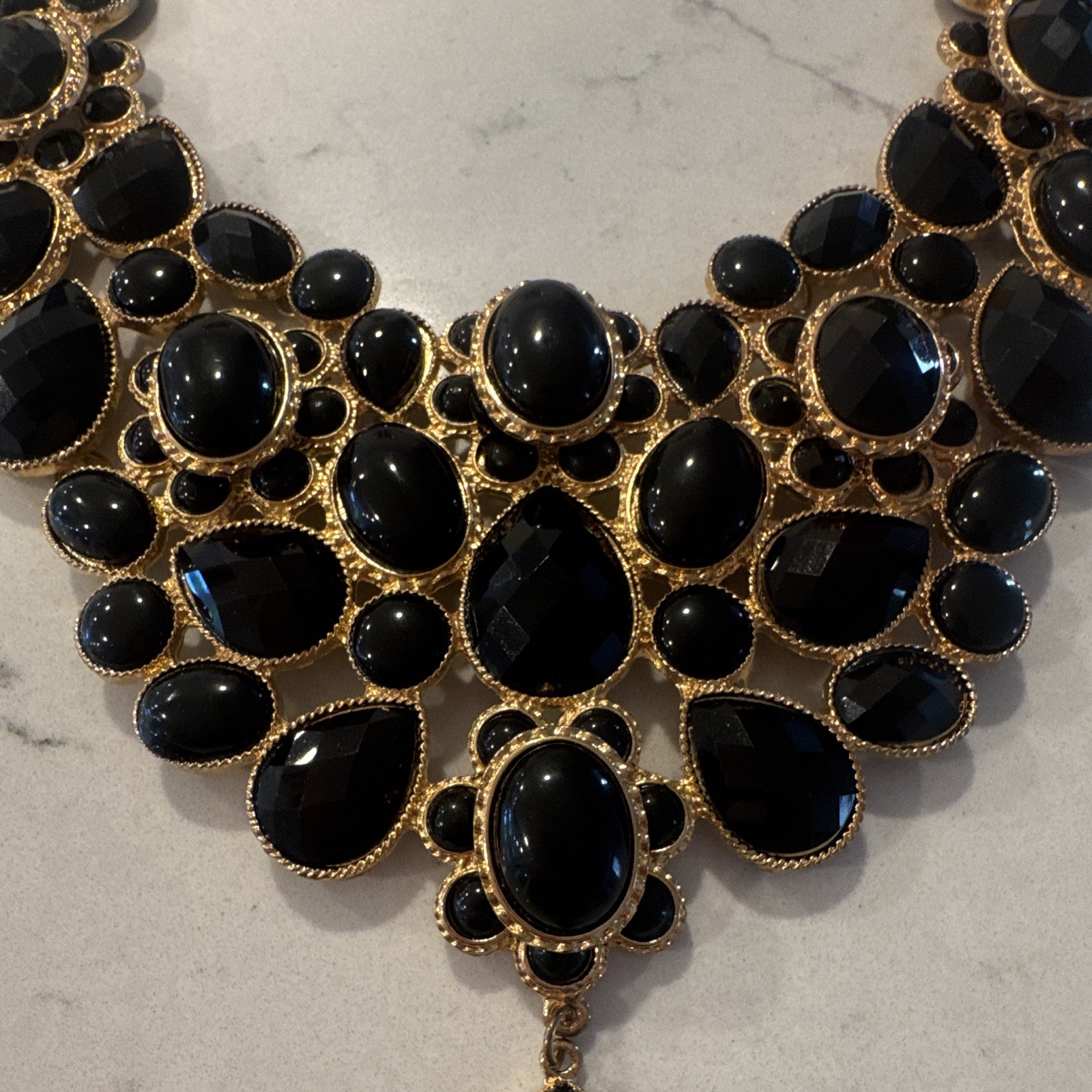 Black Crystal Statement Bib Necklace Gold Tone Curb Link Chain Adjustable