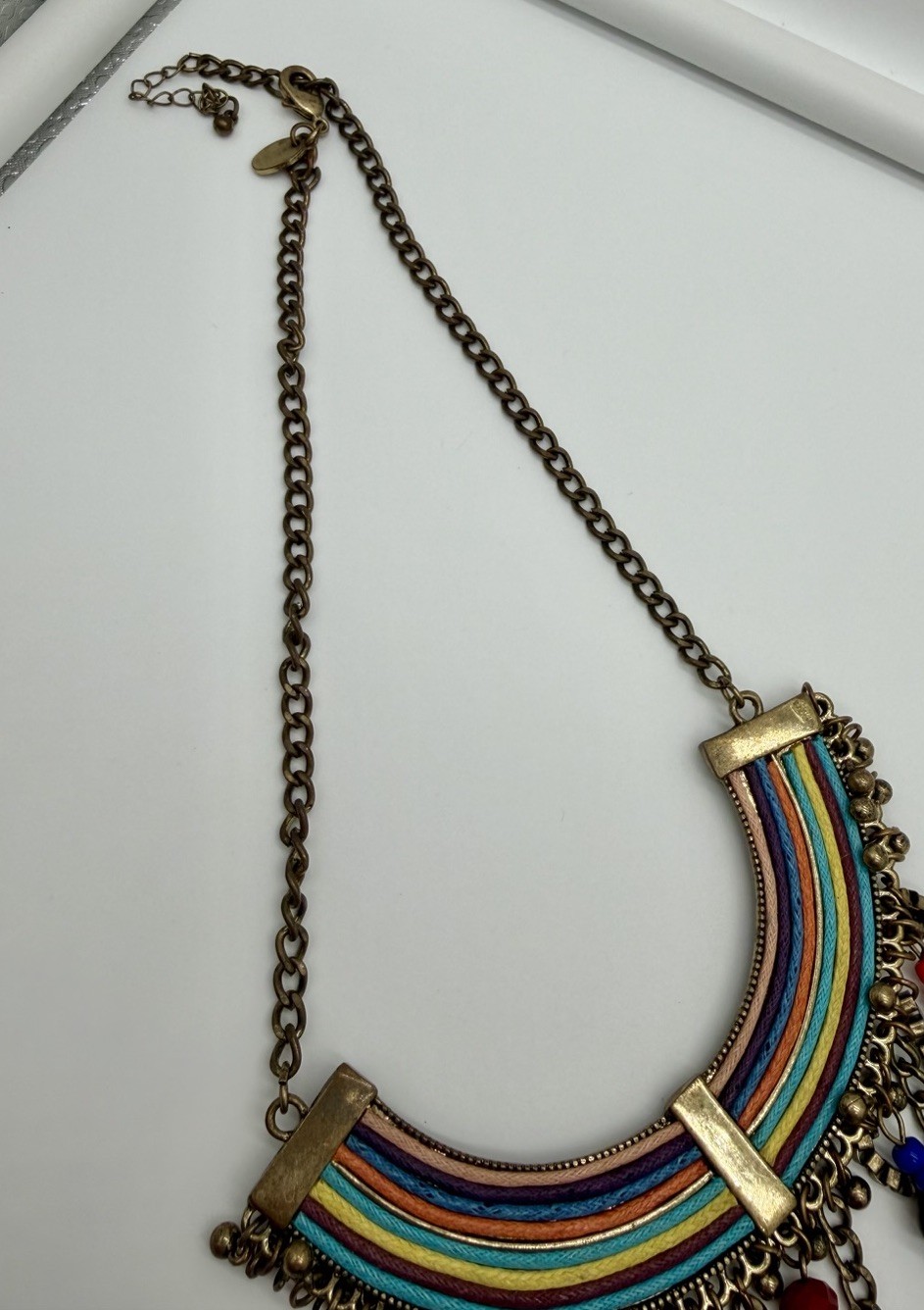 Boho Statement Fringe Bib Necklace Rainbow Cord Faux Turquoise Beaded Festival