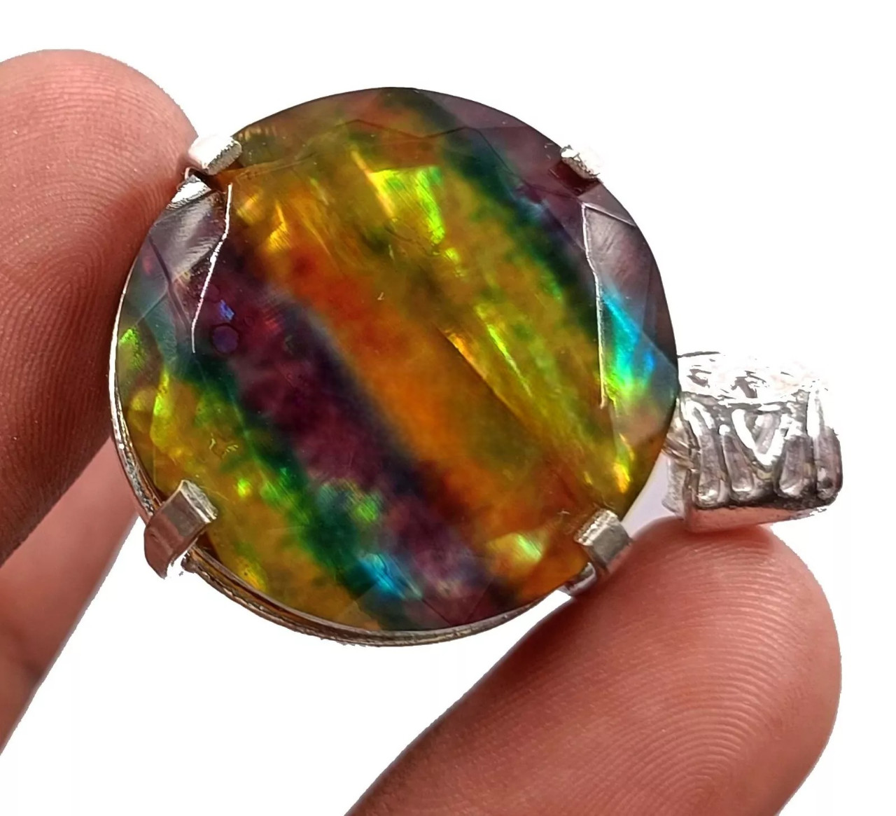 Ammolite Round Cut Natural 98.05 Ct 925 Solid Silver Pendant Loose Gemstone
