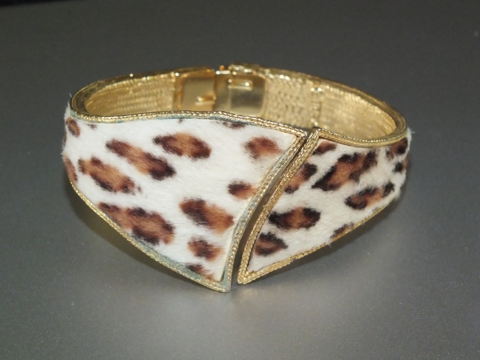 Vintage BSK faux fur ? curved BRACELET CUFF BANGLE gold WHITE BROWN BLACK SPOTS