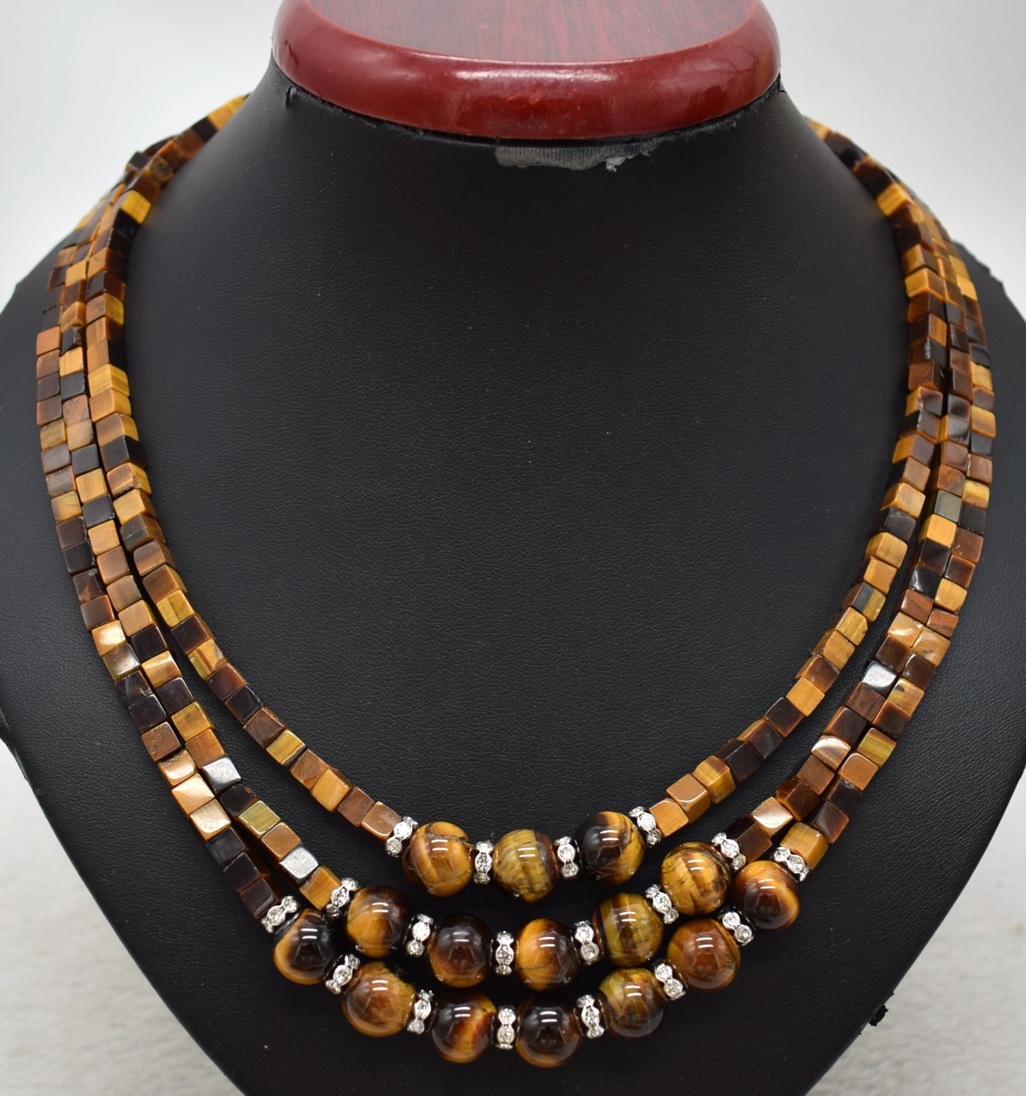 3 Rows Charming 5x5mm +10mm Yellow Tiger’s Eye Gemstone Beads Necklace 17-19″