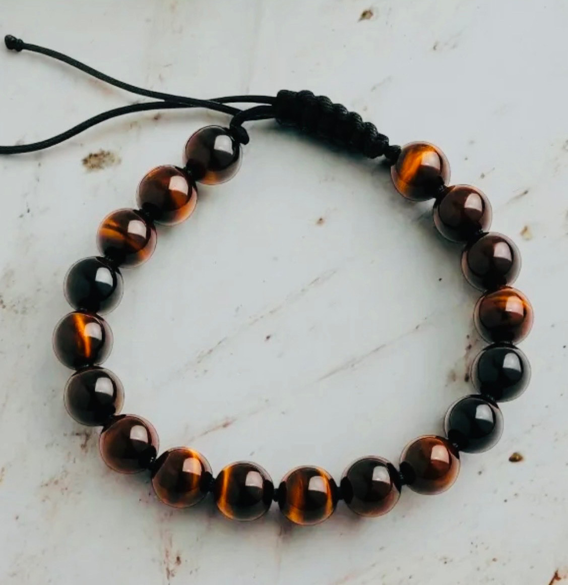 Men’s Tiger Eye Black Obsidian Beaded Adjustable Bracelet 8mm Natural Stone