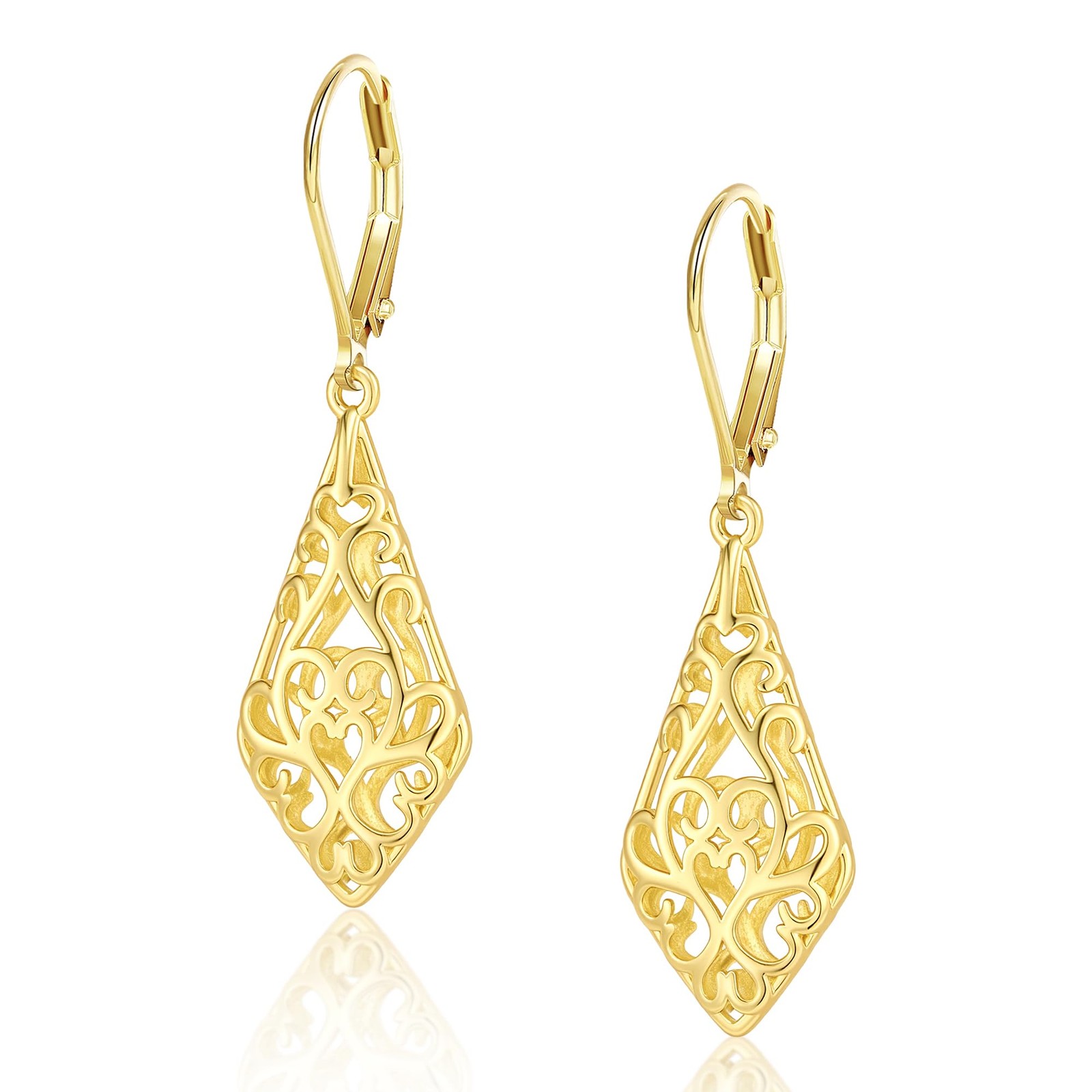 14K Gold Dangle Earrings for Women, Filigree Dangling Leverback Earrings, Gol