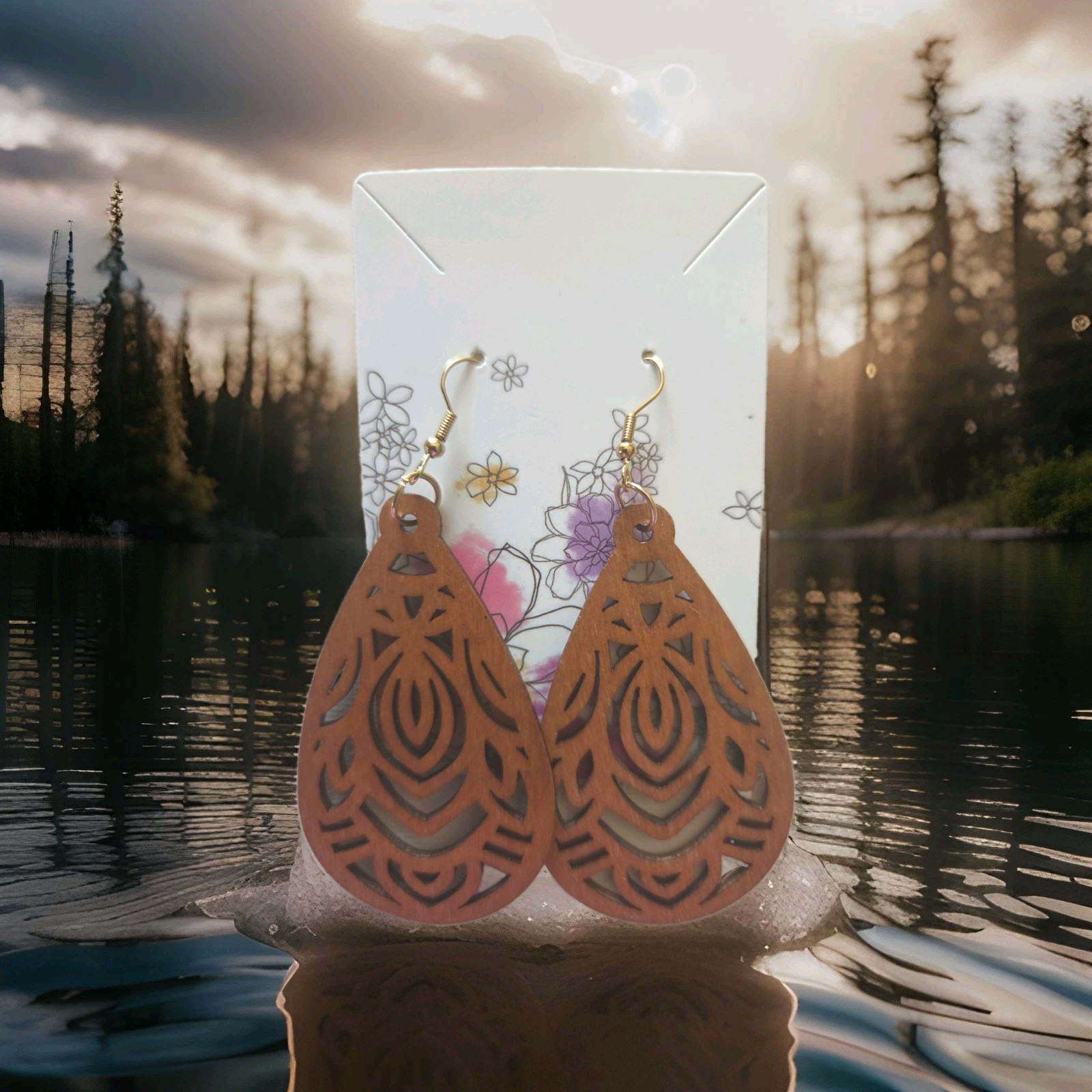 Brown Wood Teardrop Dangle Earrings
