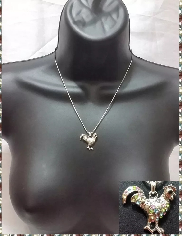 Silver Crystal Multi Color Crystal Rooster Bird Animal Pendant Necklace Chain