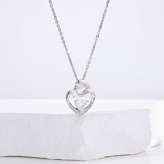 Heart Shape Mom & Child Pendant Necklace Silver Tone Family Love Gift For Women