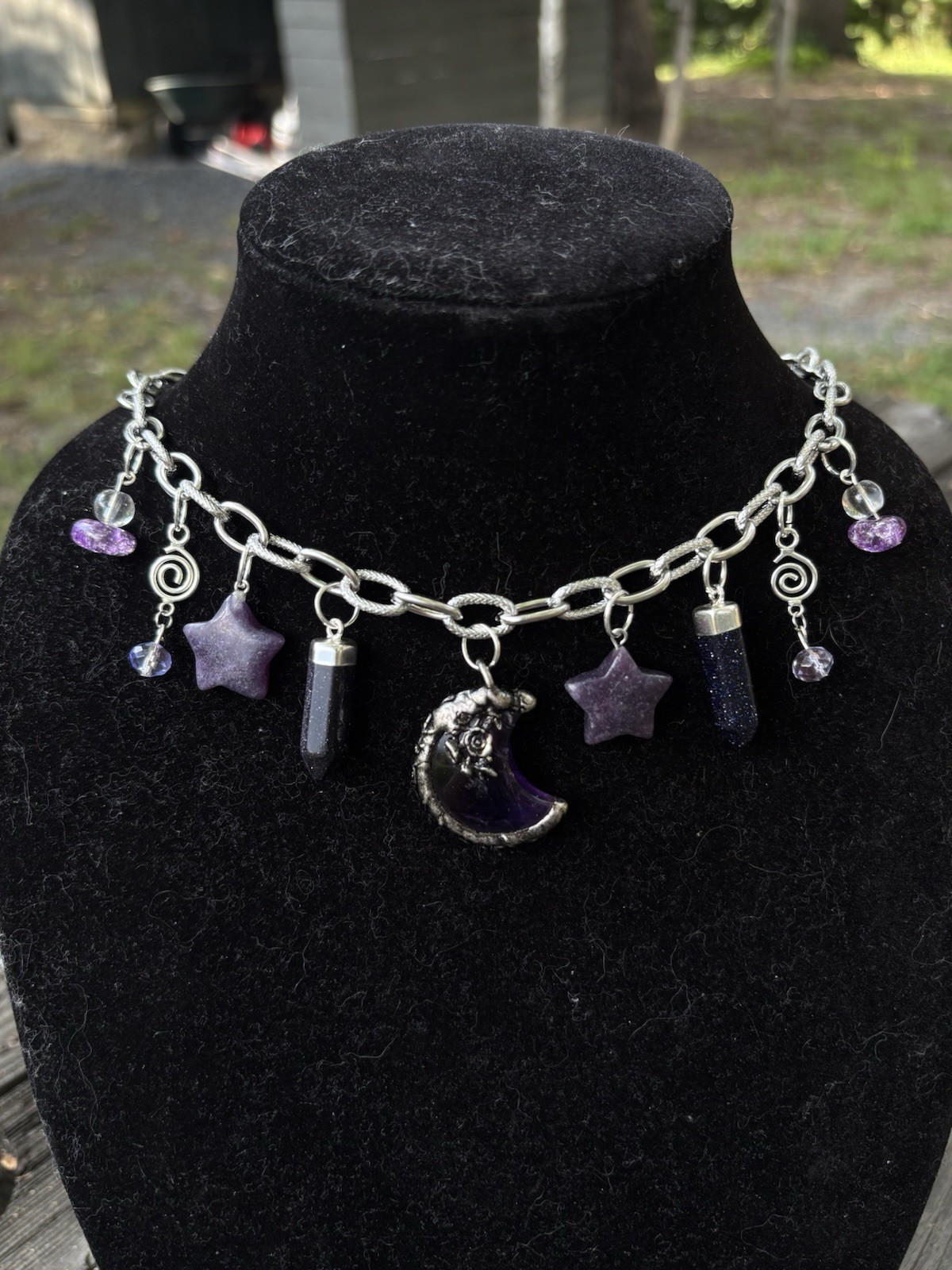 Handmade Purple Celestial Moon Crystal Necklace Galaxy Star Witchy Charm Jewelry